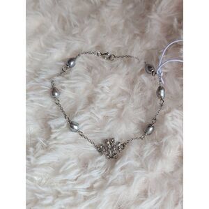 TORY BURCH Silver Milgrain Pearl Pave Logo Bracelet